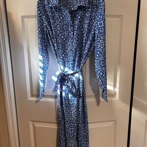 Coolibar Shirt Dress Womens L Blue Floral Midi Long Sleeve Button Tie Belt